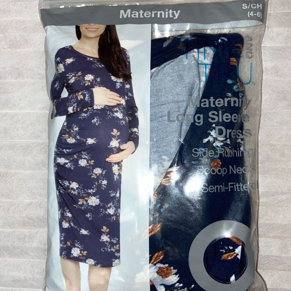 Time an Tru Maternity Dress Long Sleeve Side Ruching Blue Scoop Neck Semi Fitted